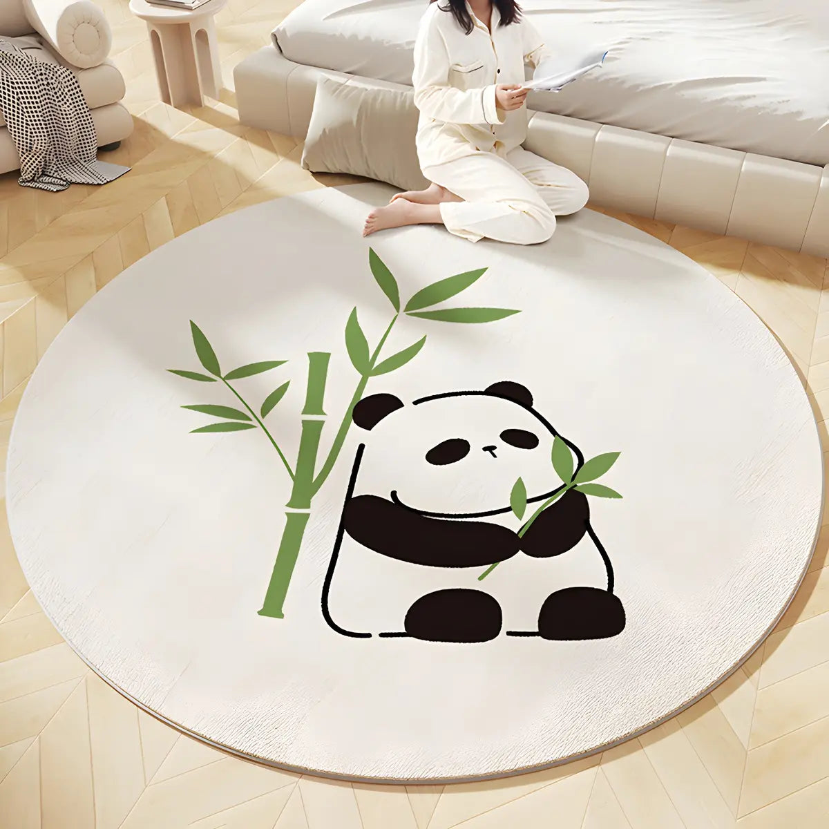 Cute White Round Lambswool Panda Pattern Area Rug Image - 2