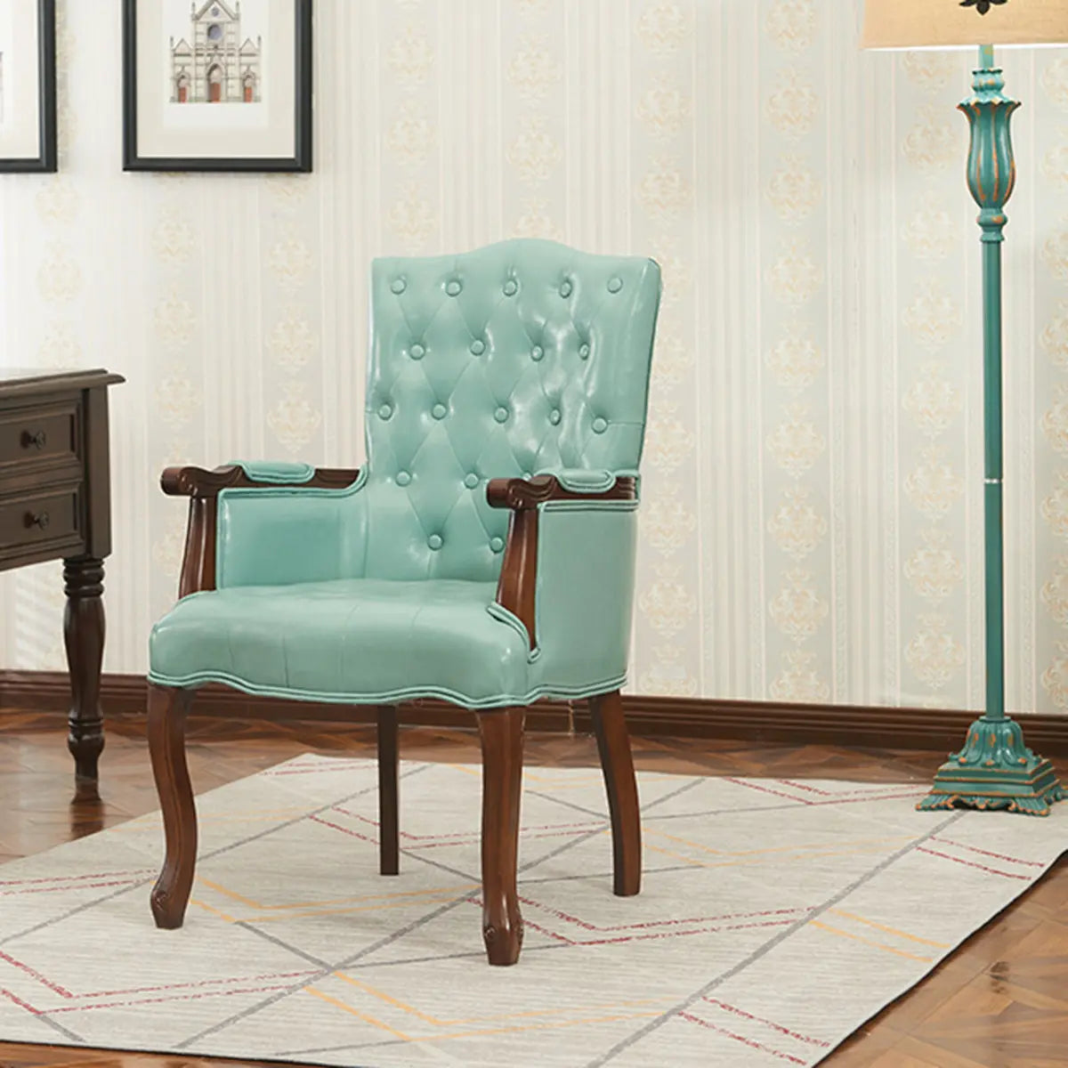 Cyan Oiled Leather Recessed Arm Tufted Accent Chair Image - 1