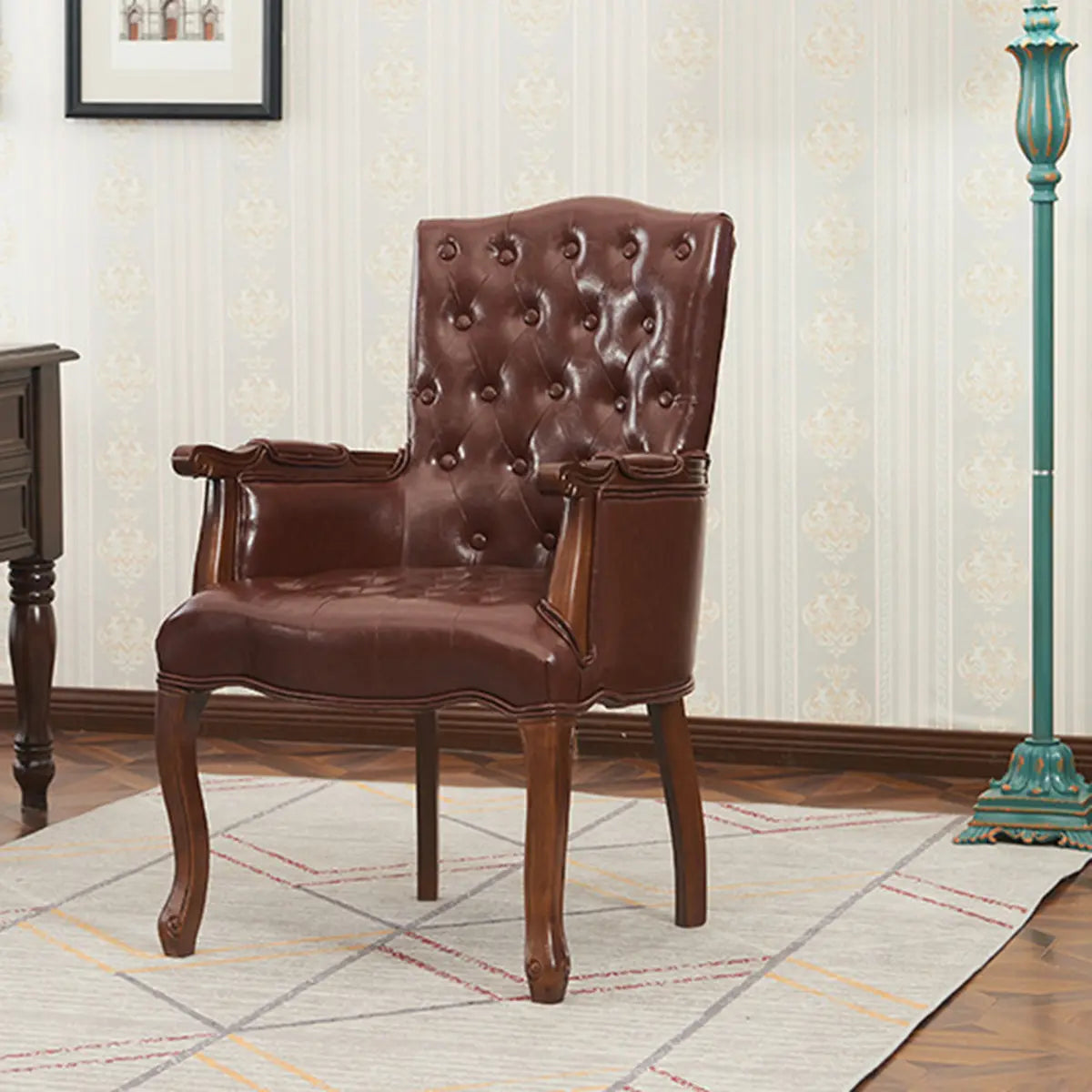 Cyan Oiled Leather Recessed Arm Tufted Accent Chair Image - 13