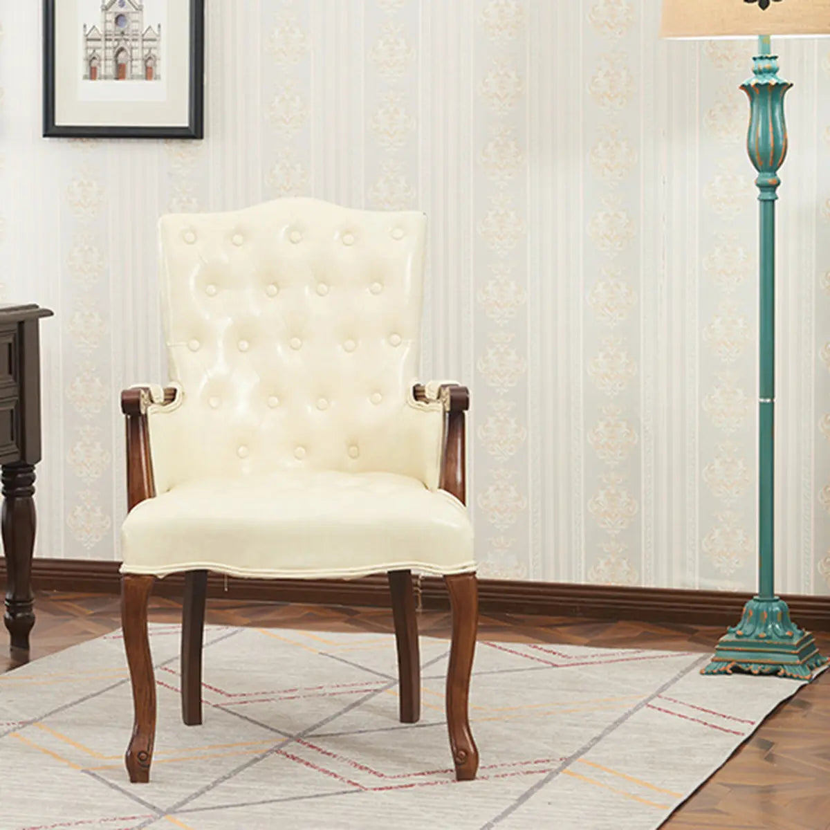 Cyan Oiled Leather Recessed Arm Tufted Accent Chair Image - 14