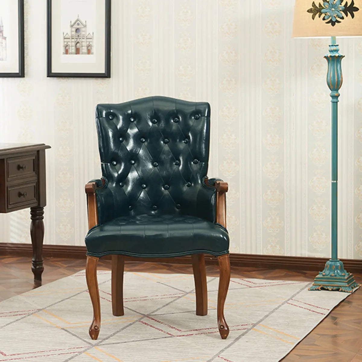 Cyan Oiled Leather Recessed Arm Tufted Accent Chair Image - 15
