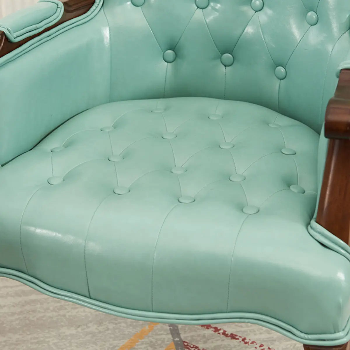Cyan Oiled Leather Recessed Arm Tufted Accent Chair Image - 7