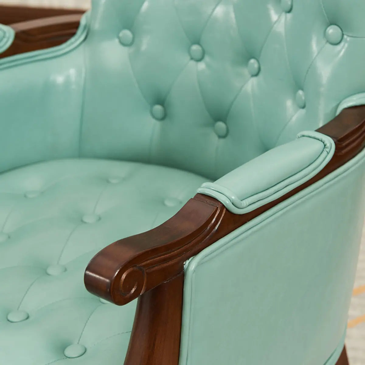 Cyan Oiled Leather Recessed Arm Tufted Accent Chair Image - 9