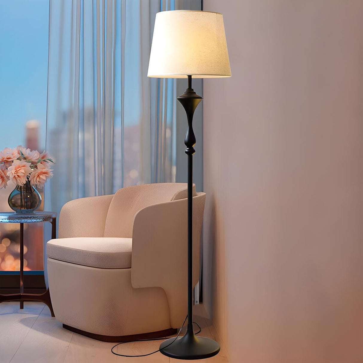 Cylinder Fabric Shade Black Traditional Floor Lamp Image - 2