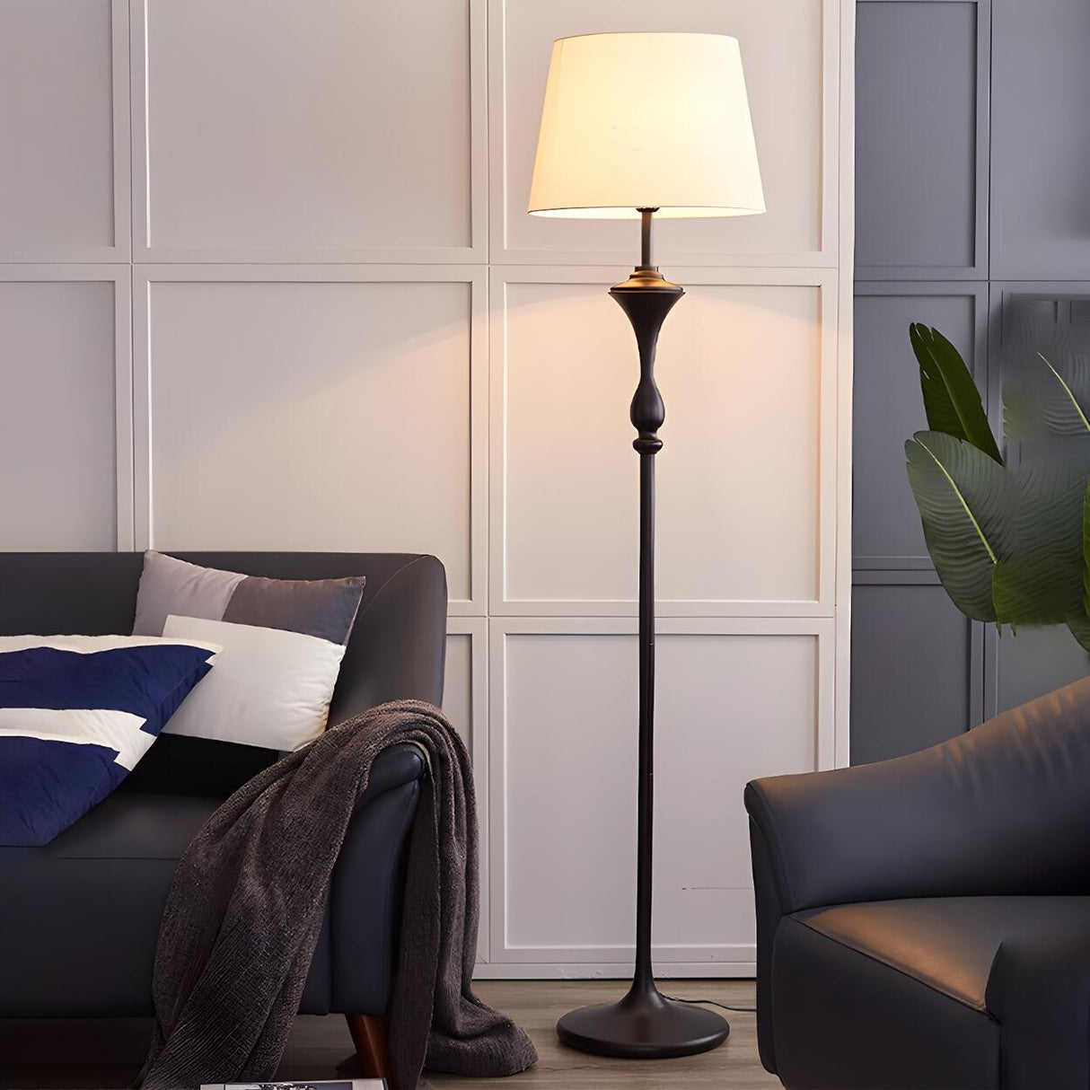 Cylinder Fabric Shade Black Traditional Floor Lamp Image - 3