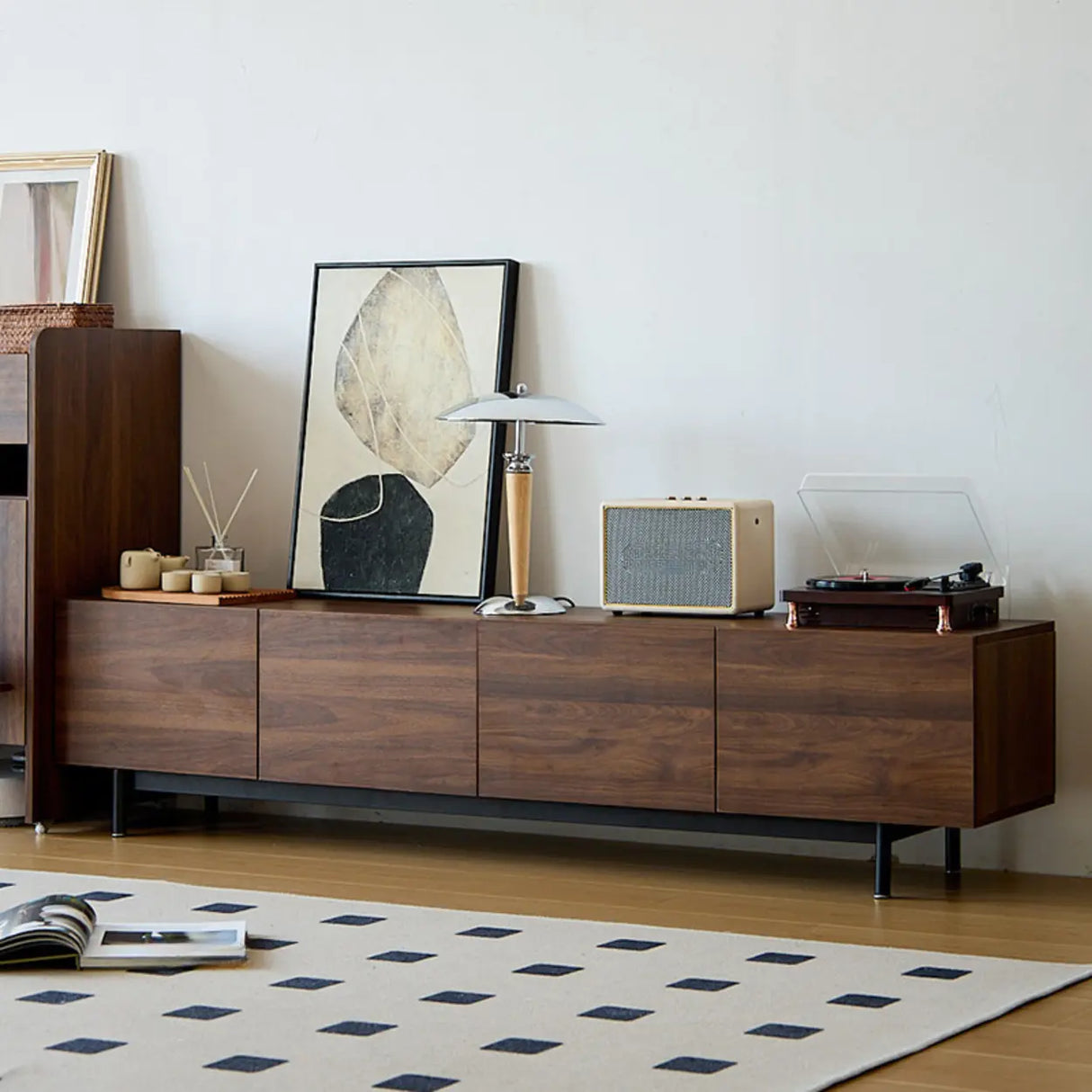 Dark Walnut Wood Cabinet Door Long Rectangle TV Stand Image - 1