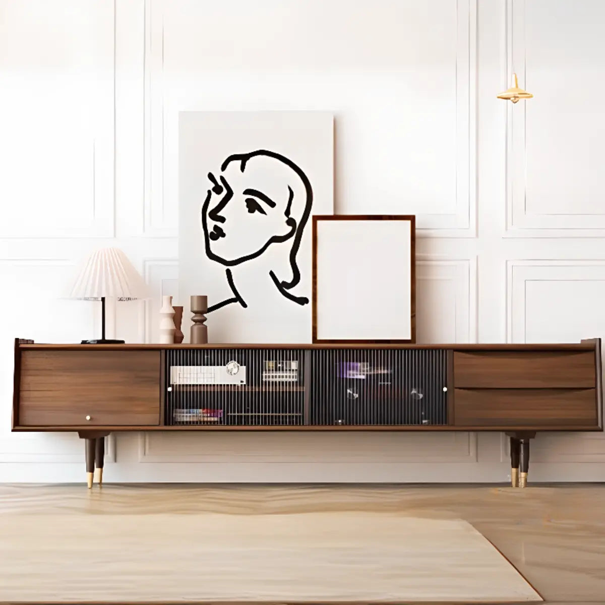 Dark Walnut Wood Drawers Shelves Cabinets TV Stand Image - 1