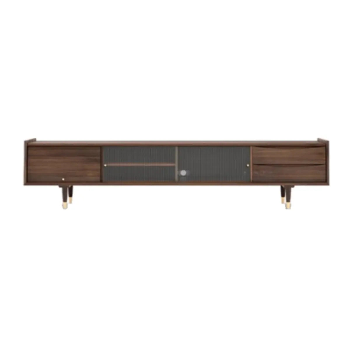 Dark Walnut Wood Drawers Shelves Cabinets TV Stand Image - 2