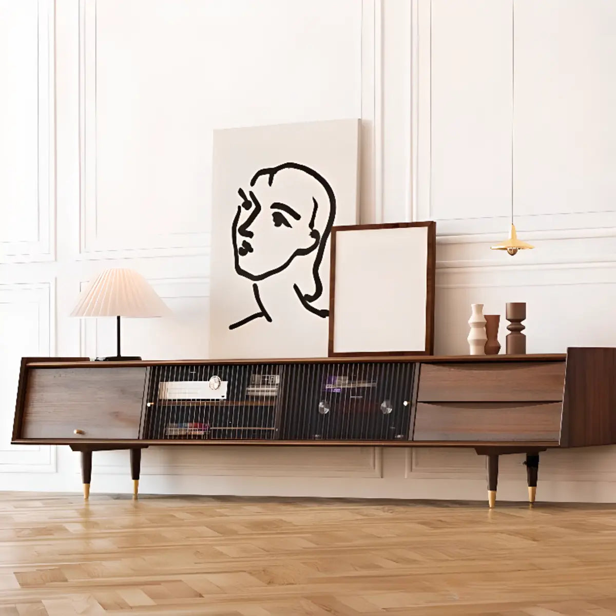 Dark Walnut Wood Drawers Shelves Cabinets TV Stand Image - 4