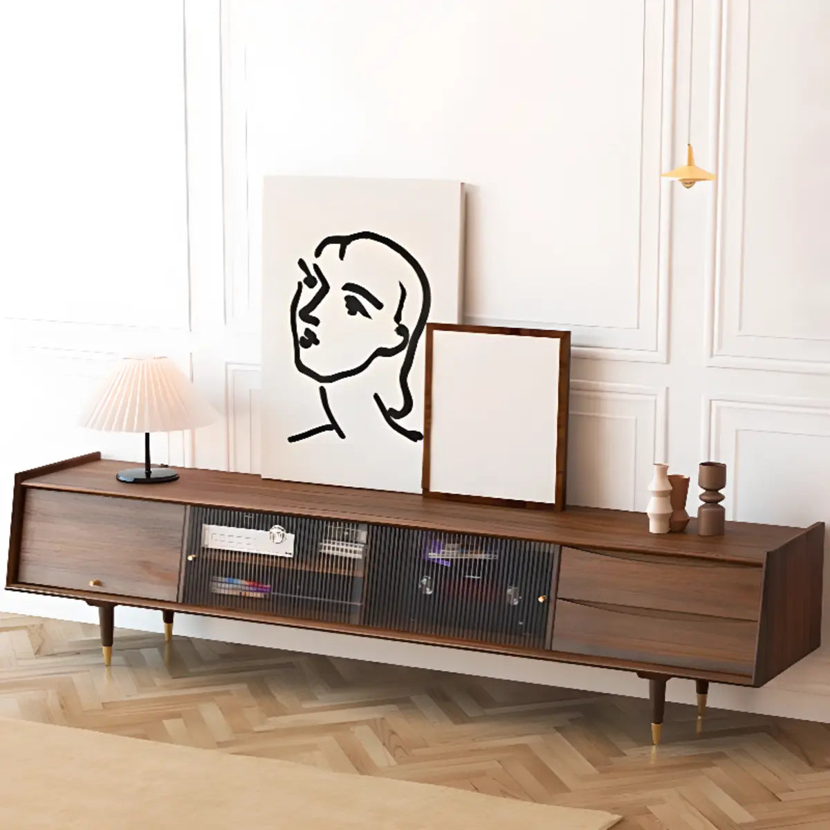 Dark Walnut Wood Drawers Shelves Cabinets TV Stand Image - 5