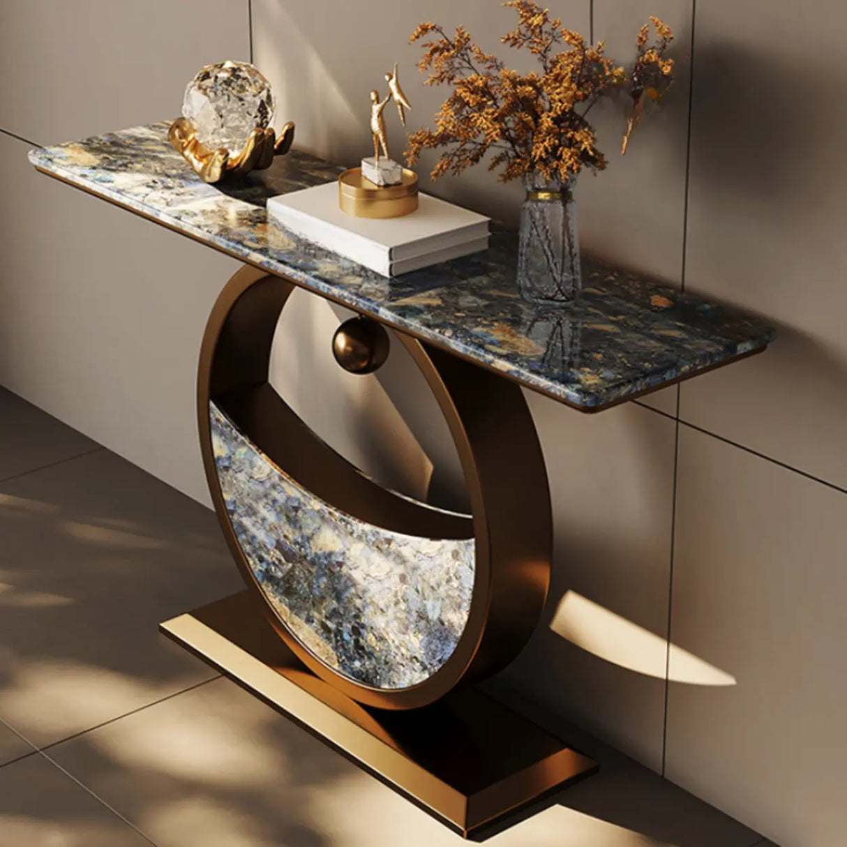 Decorative Abstract Oval Marble Top Bronze Console Table Image - 1