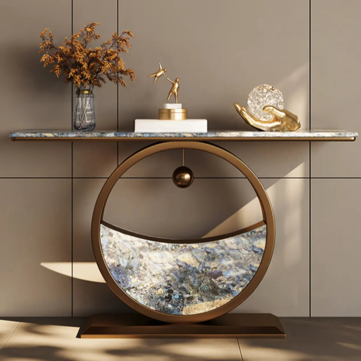 Decorative Abstract Oval Marble Top Bronze Console Table Image - 4