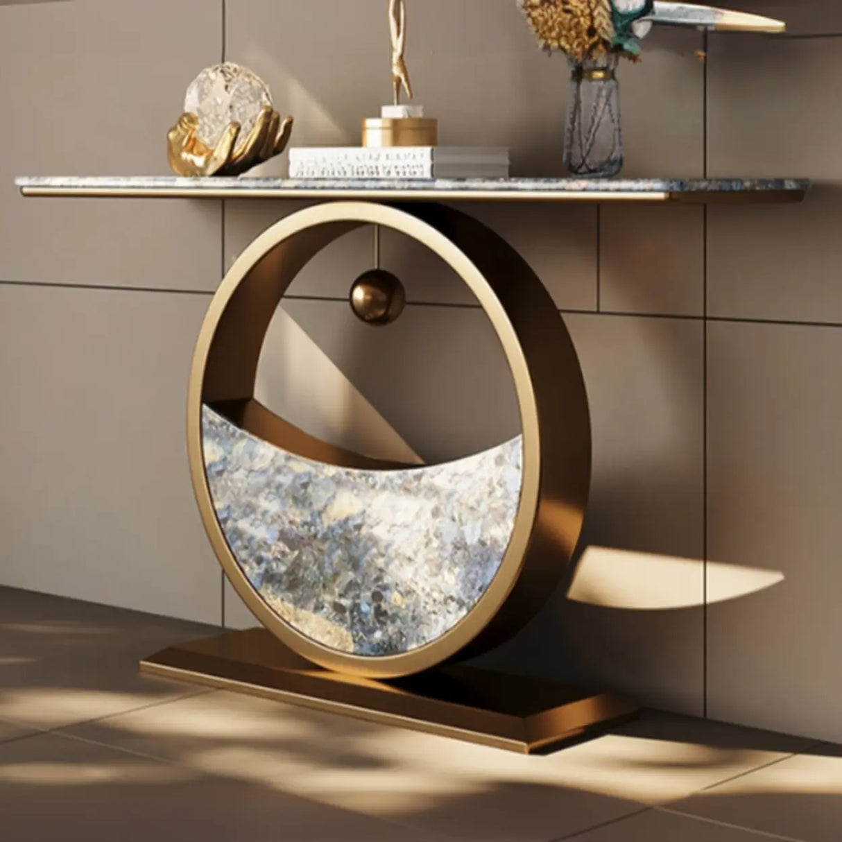 Decorative Abstract Oval Marble Top Bronze Console Table Image - 5