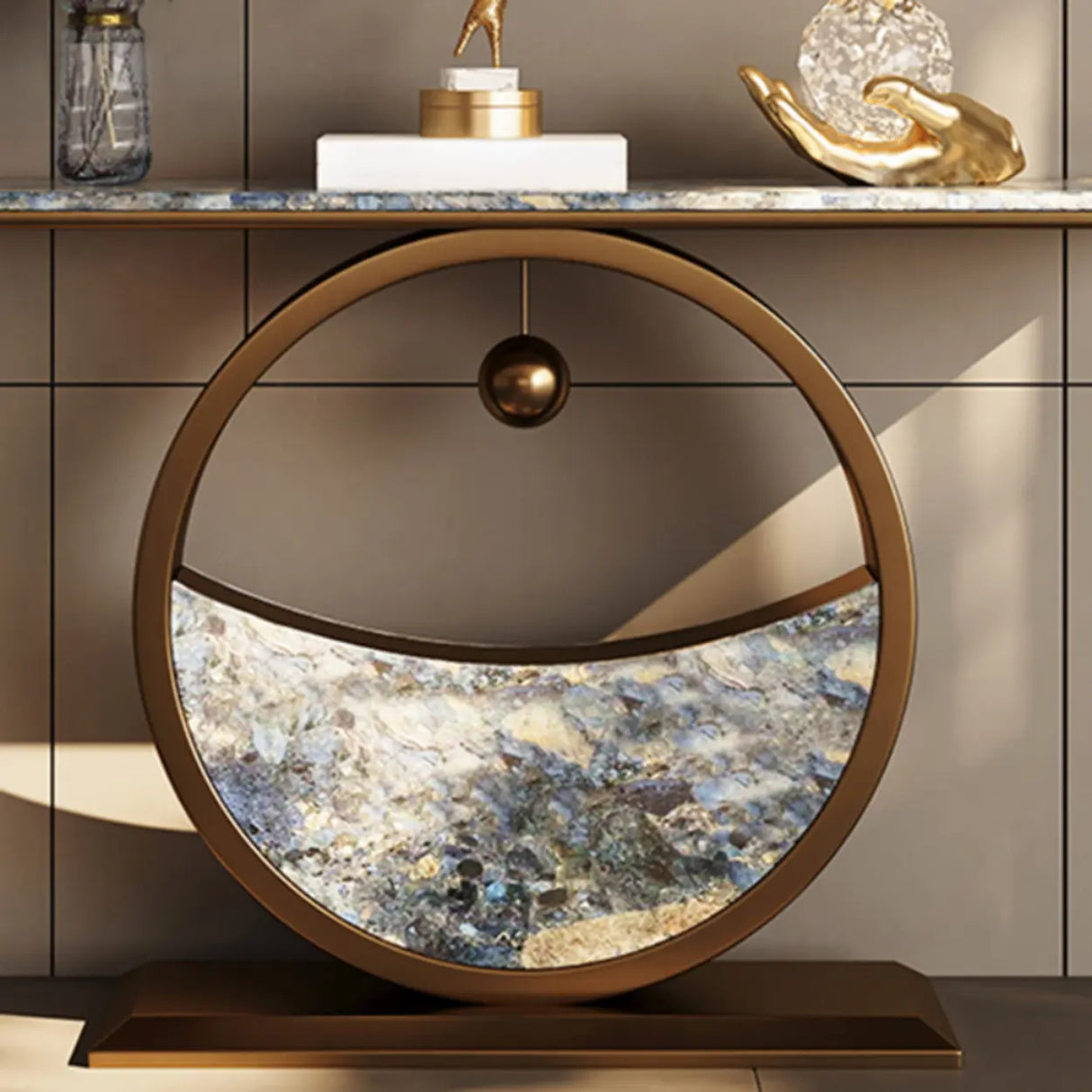 Decorative Abstract Oval Marble Top Bronze Console Table Image - 6