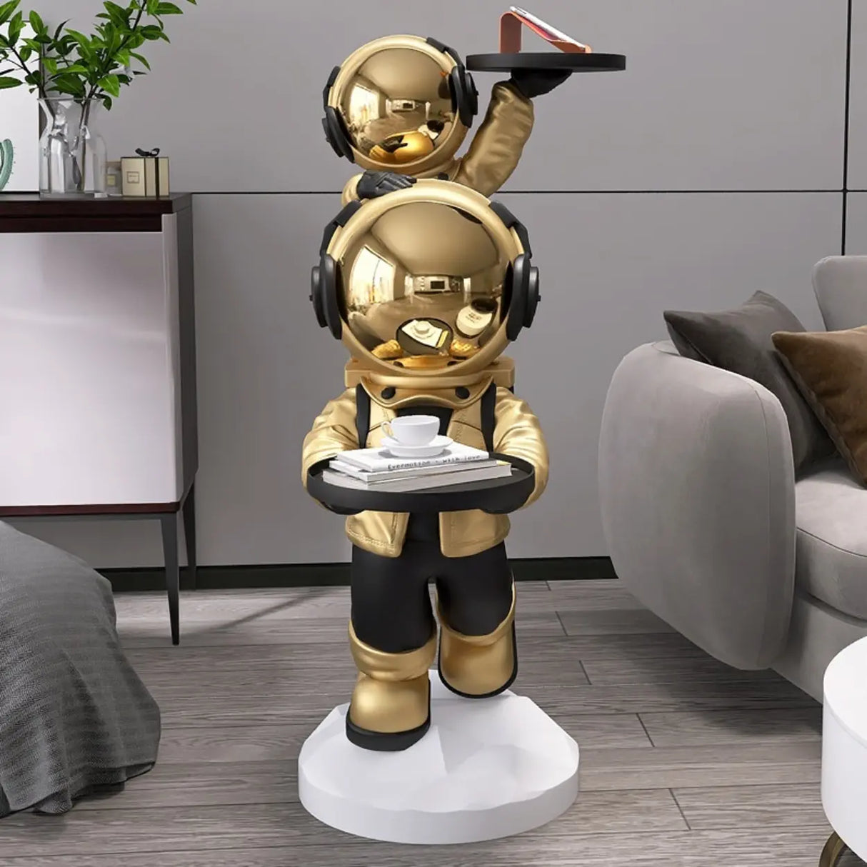 Decorative Astronaut Resin Gold 2 Sheleves Side Table Image - 1