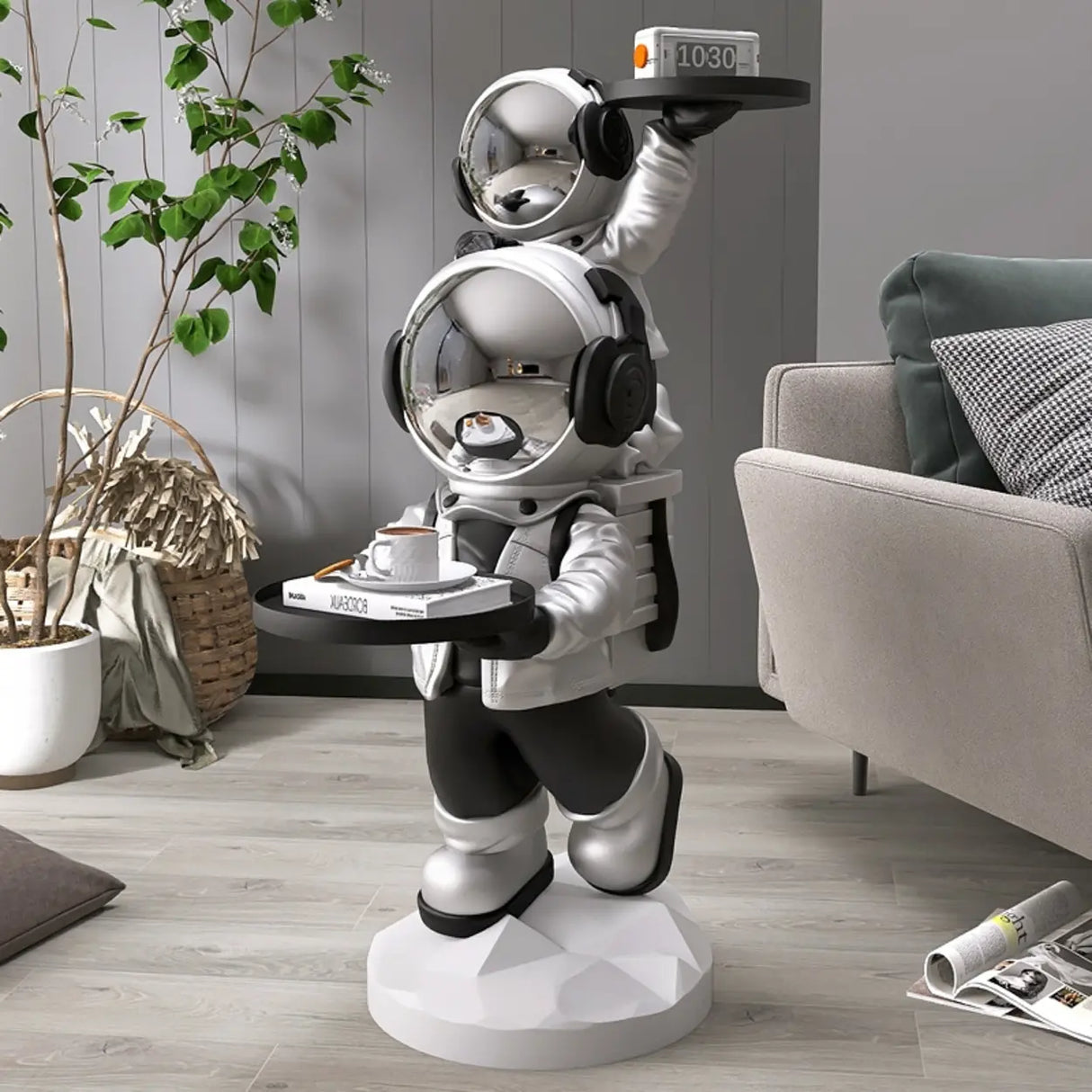 Decorative Astronaut Resin Gold 2 Sheleves Side Table Image - 2