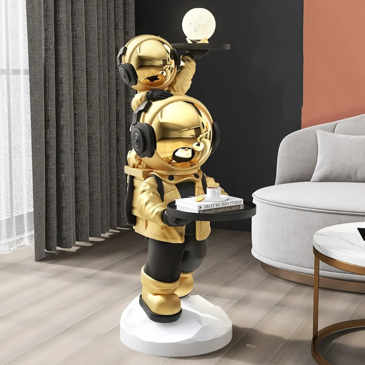 Decorative Astronaut Resin Gold 2 Sheleves Side Table Image - 3