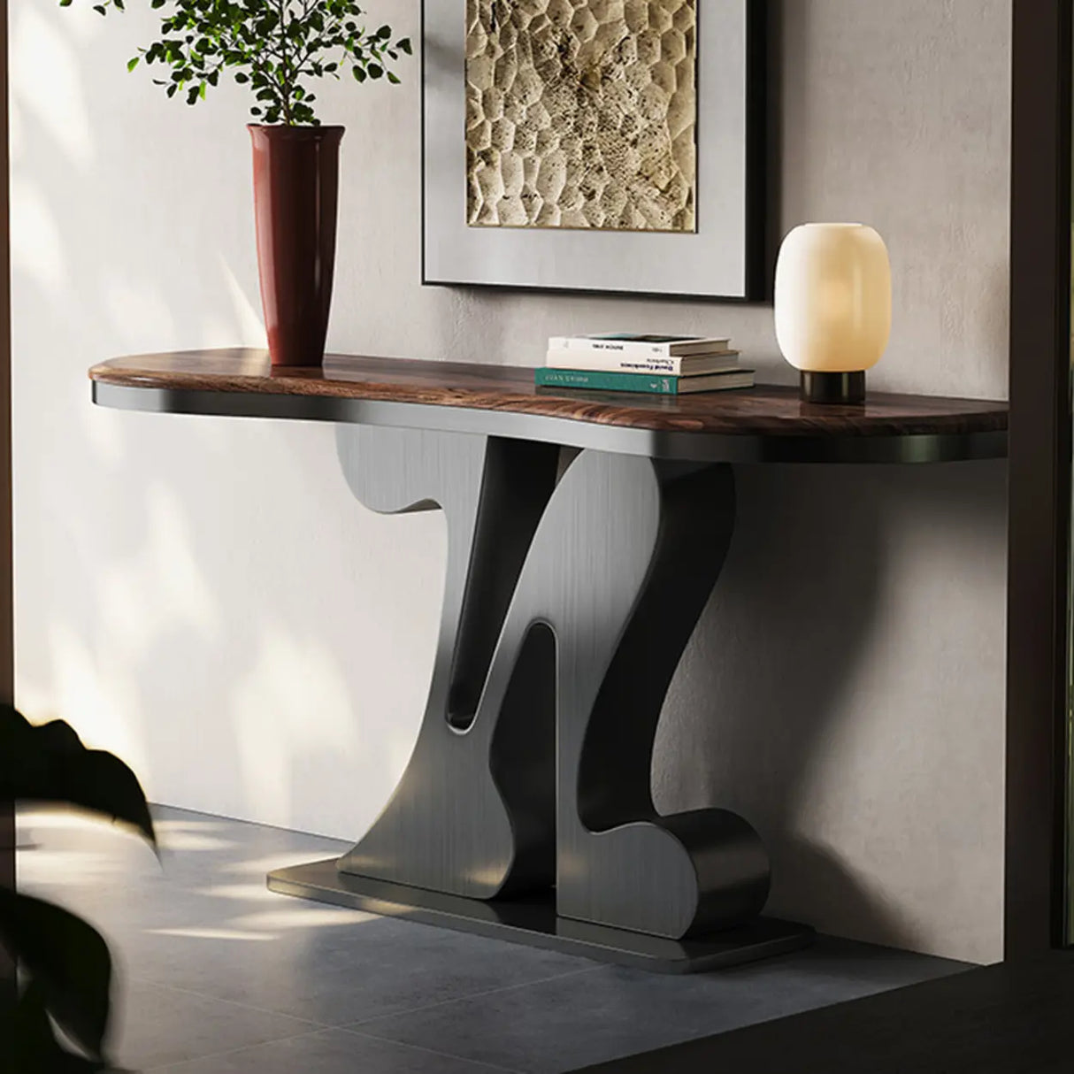 Decorative Black Irregular Abstract Walnut Console Table Image - 5