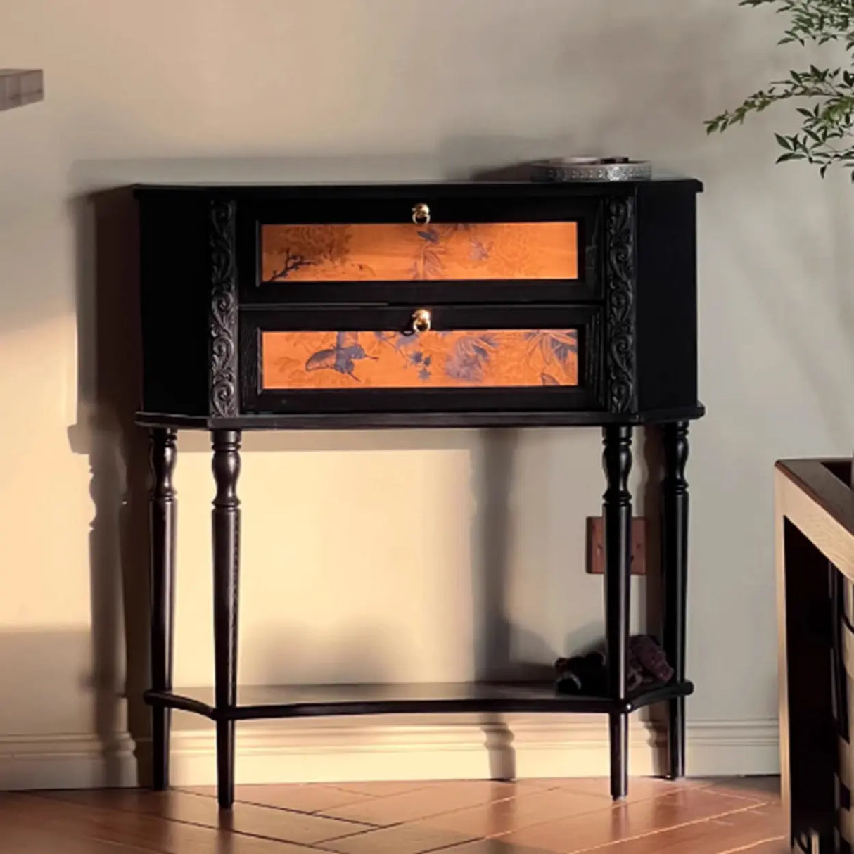 Decorative Black Wood Console Table with Ornate Drawers Image - 1