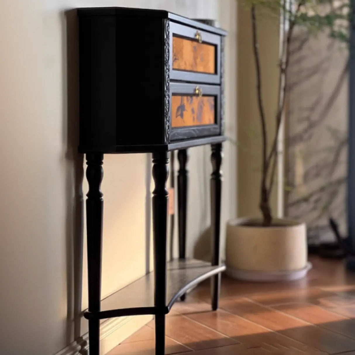 Decorative Black Wood Console Table with Ornate Drawers Image - 3