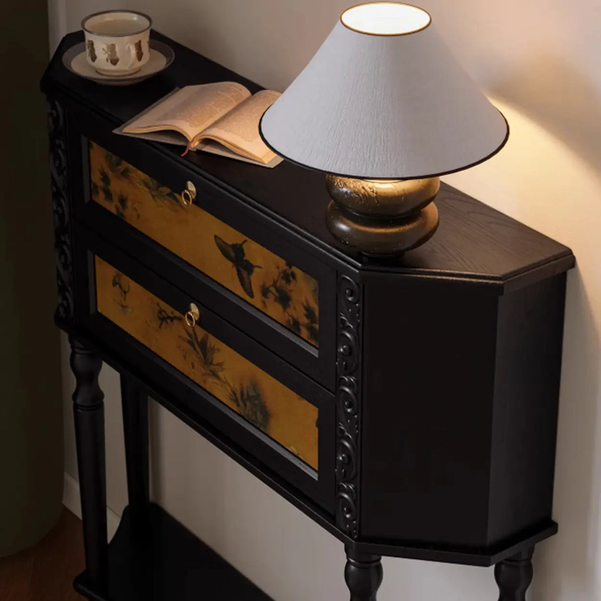 Decorative Black Wood Console Table with Ornate Drawers Image - 4
