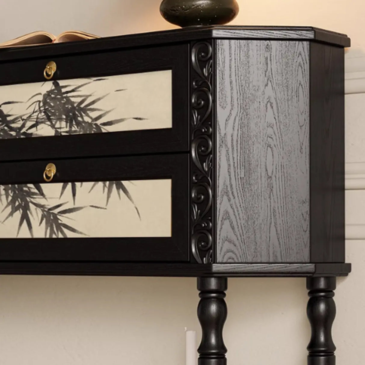Decorative Black Wood Console Table with Ornate Drawers Image - 6