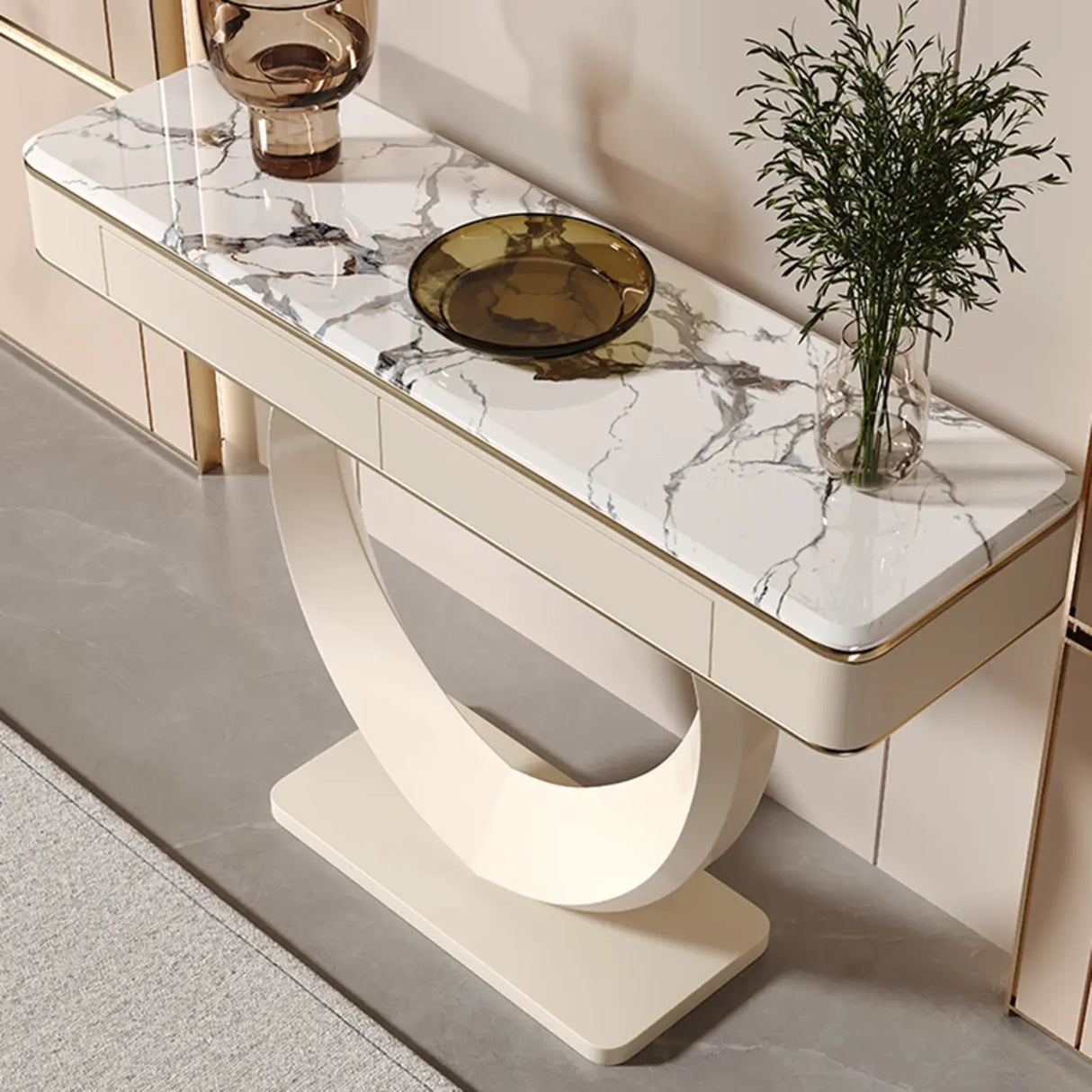 Decorative Curved Marble-Top Cream Storage Console Table Image - 5