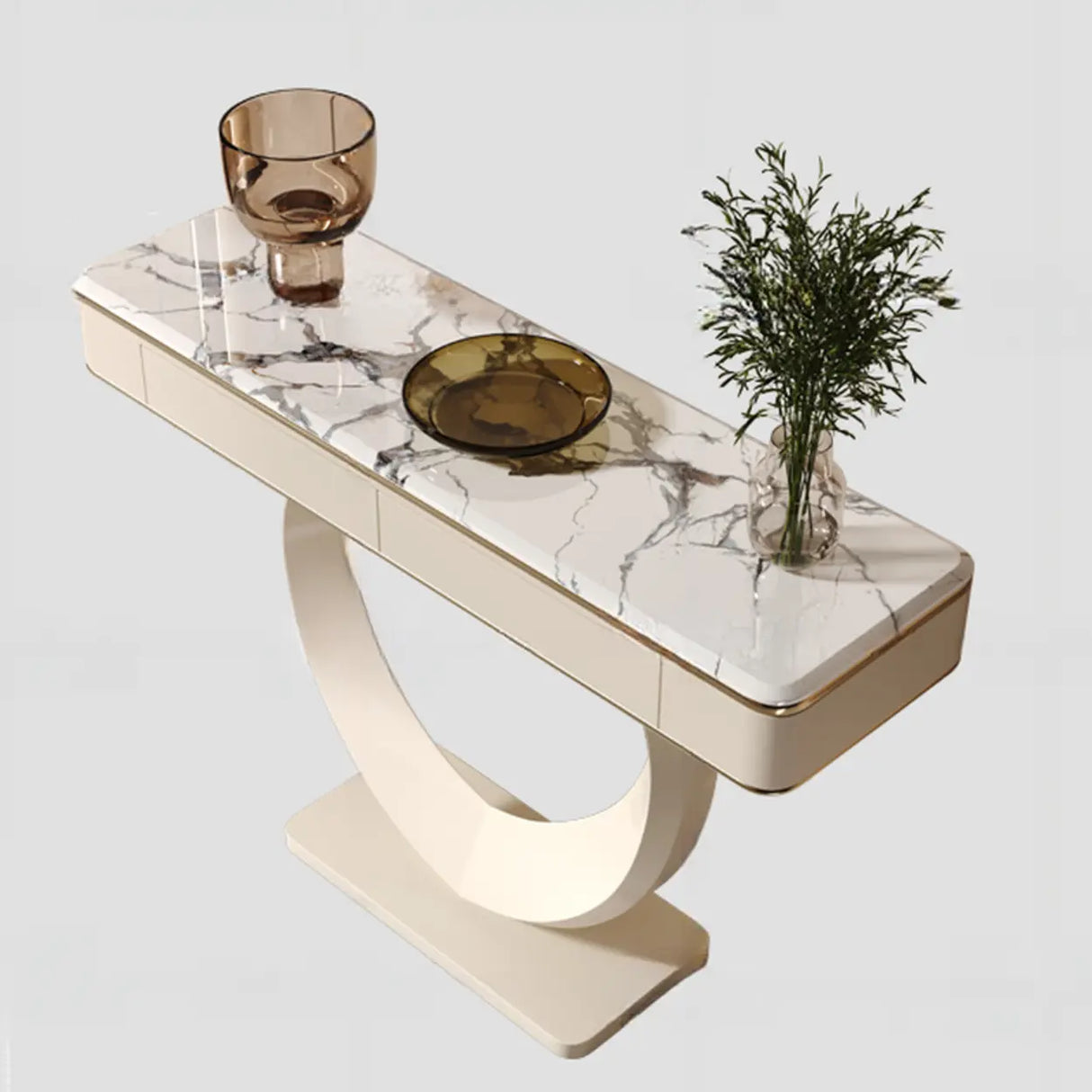 Decorative Curved Marble-Top Cream Storage Console Table Image - 9