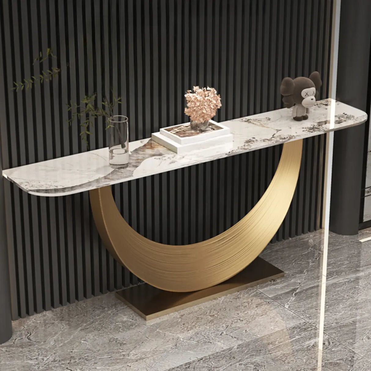 Decorative Curved Marble-Top Gold Accents Console Table Image - 1