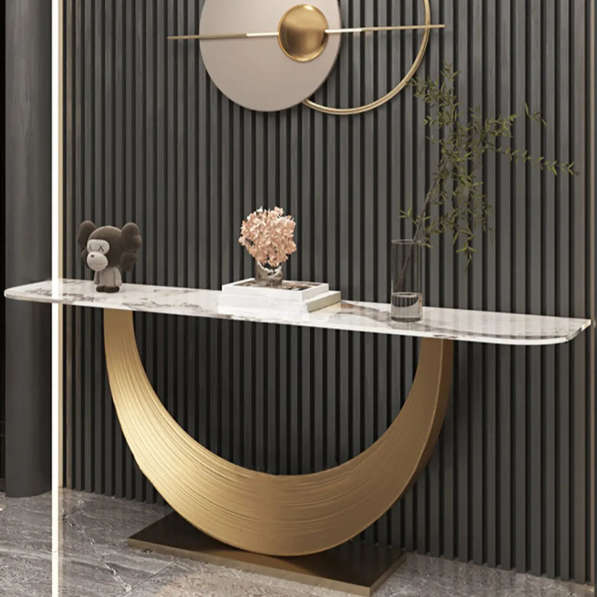 Decorative Curved Marble-Top Gold Accents Console Table Image - 4