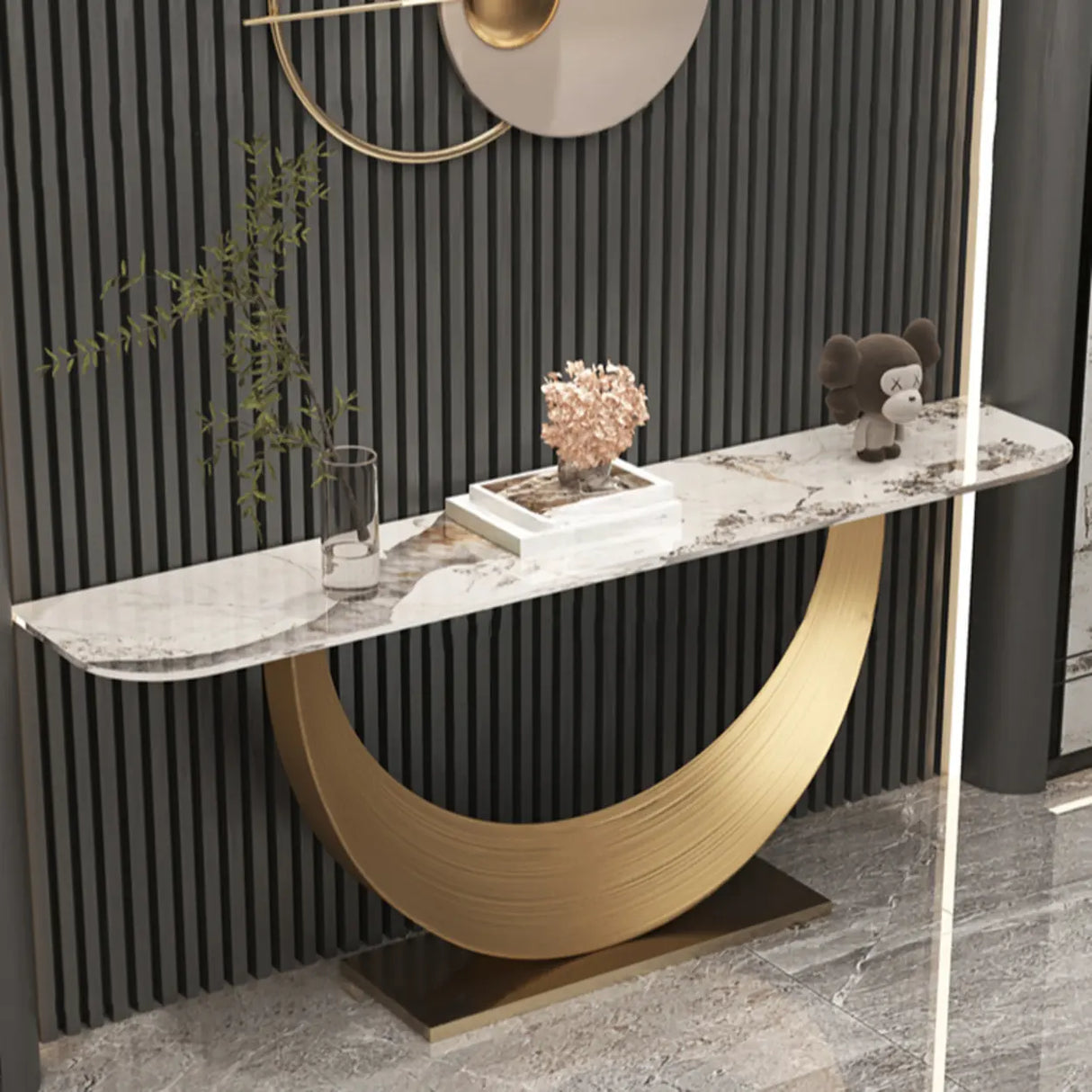 Decorative Curved Marble-Top Gold Accents Console Table Image - 5