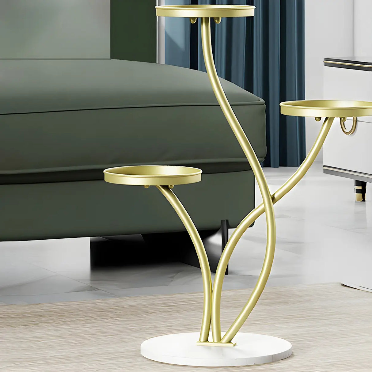 Decorative Curved Metal Gold 3 Tiers Stone Plant Stand Image - 6