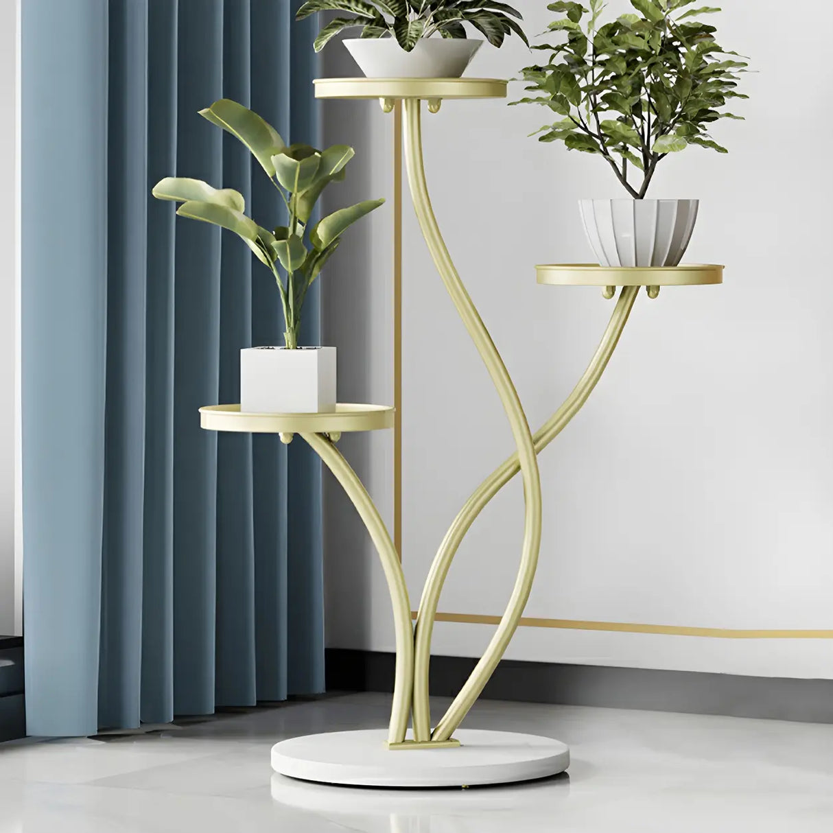 Decorative Curved Metal Gold 3 Tiers Stone Plant Stand Image - 4