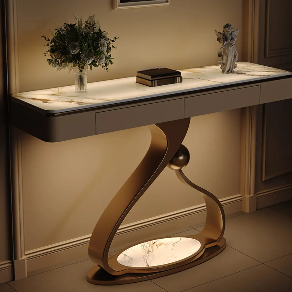 Decorative Entryway Curved Stone Storage Console Table Image - 3