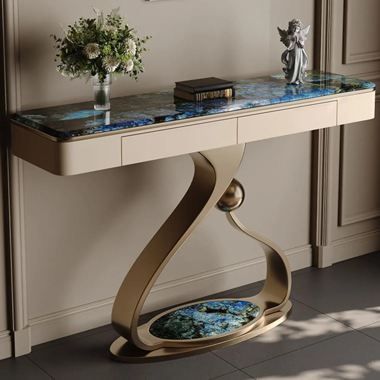 Decorative Entryway Curved Stone Storage Console Table Image - 9