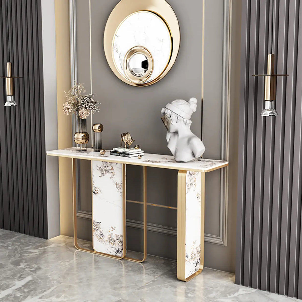Decorative Geometric Stone Top and Gold Console Table Image - 1