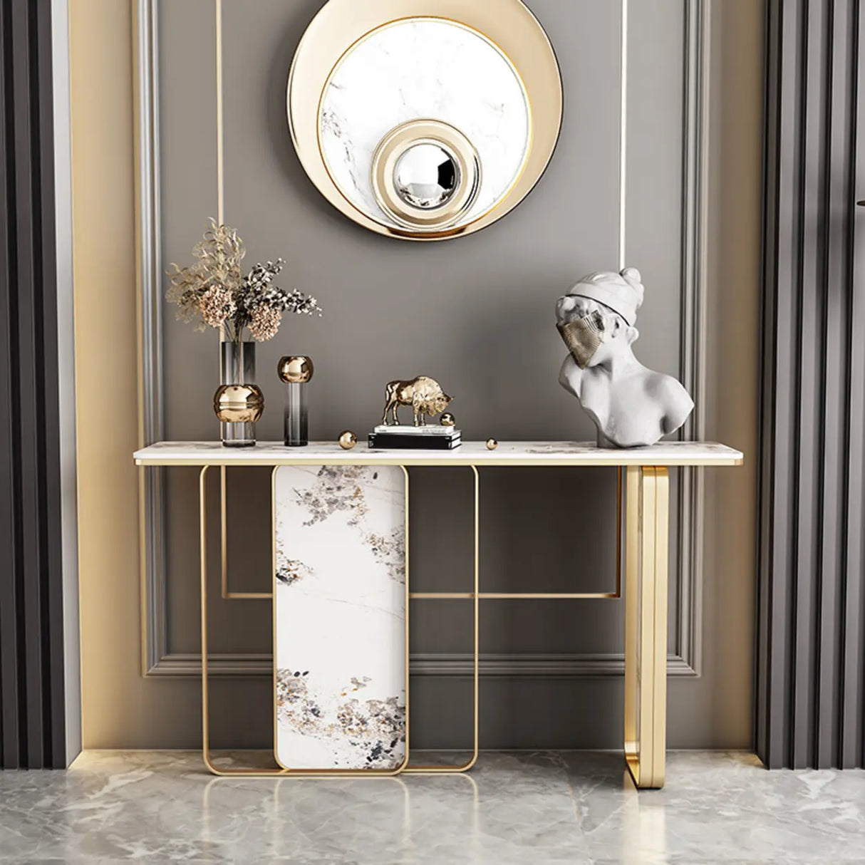 Decorative Geometric Stone Top and Gold Console Table Image - 2