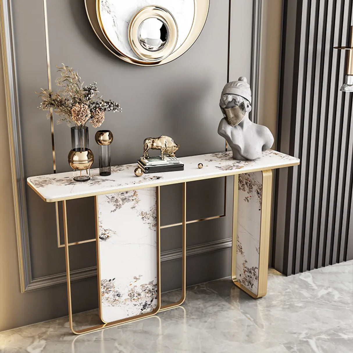Decorative Geometric Stone Top and Gold Console Table Image - 3