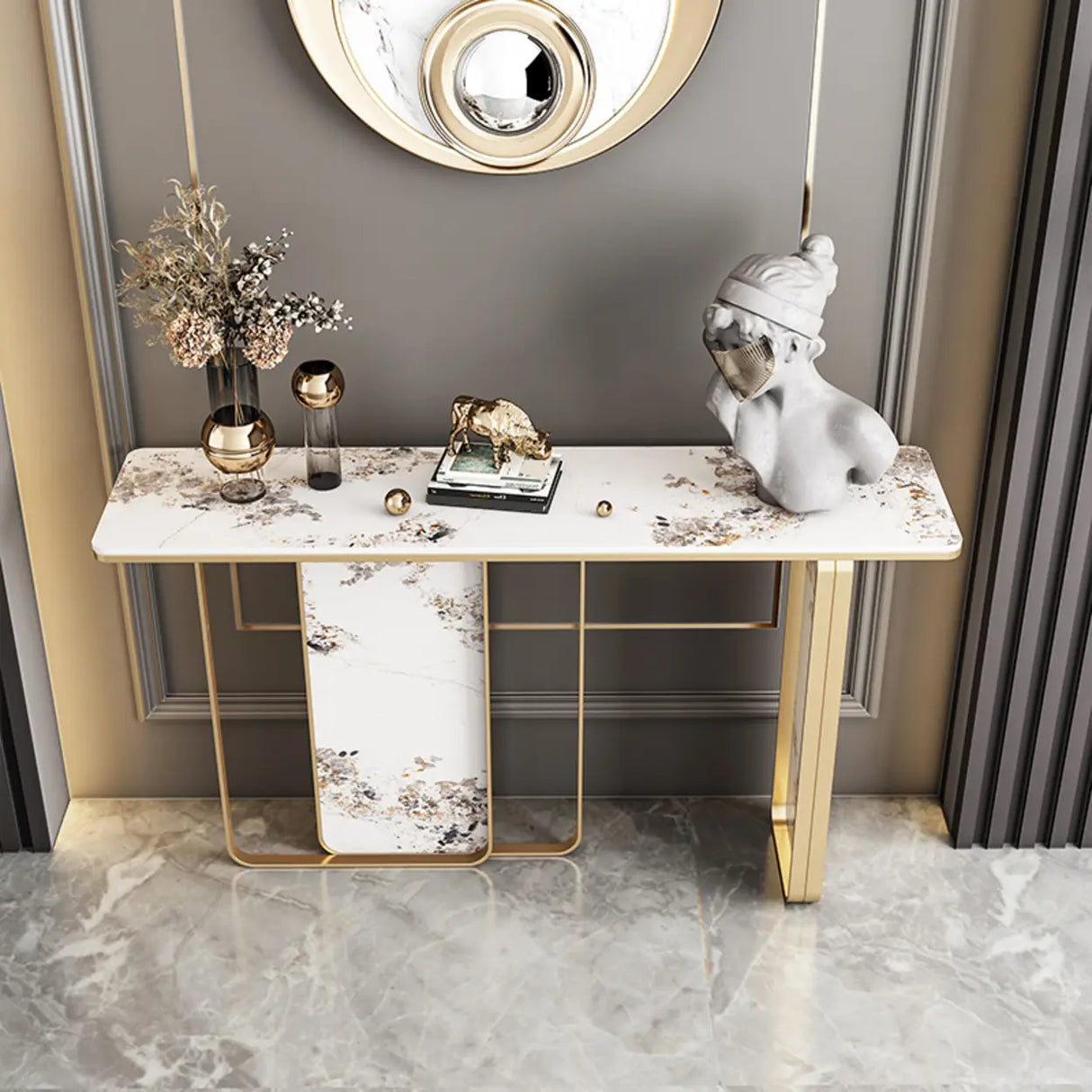 Decorative Geometric Stone Top and Gold Console Table Image - 4