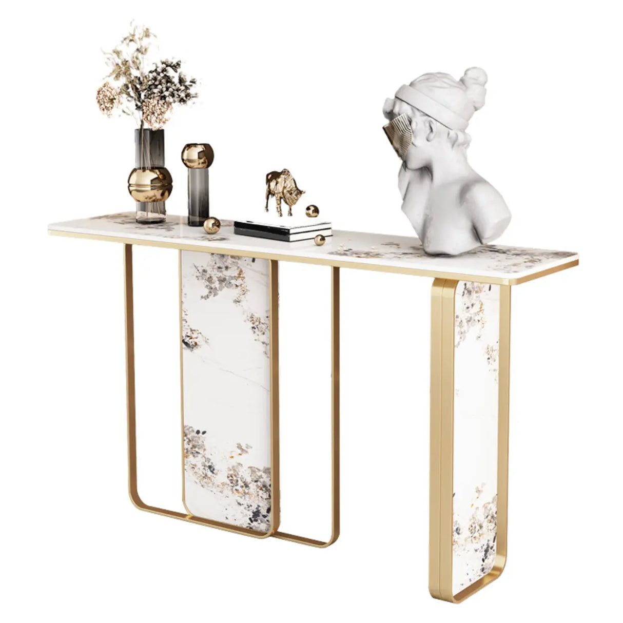 Decorative Geometric Stone Top and Gold Console Table Image - 5
