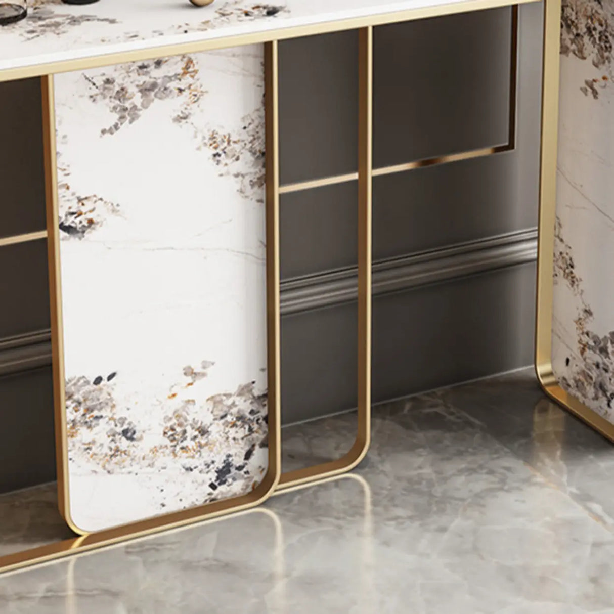 Decorative Geometric Stone Top and Gold Console Table Image - 6