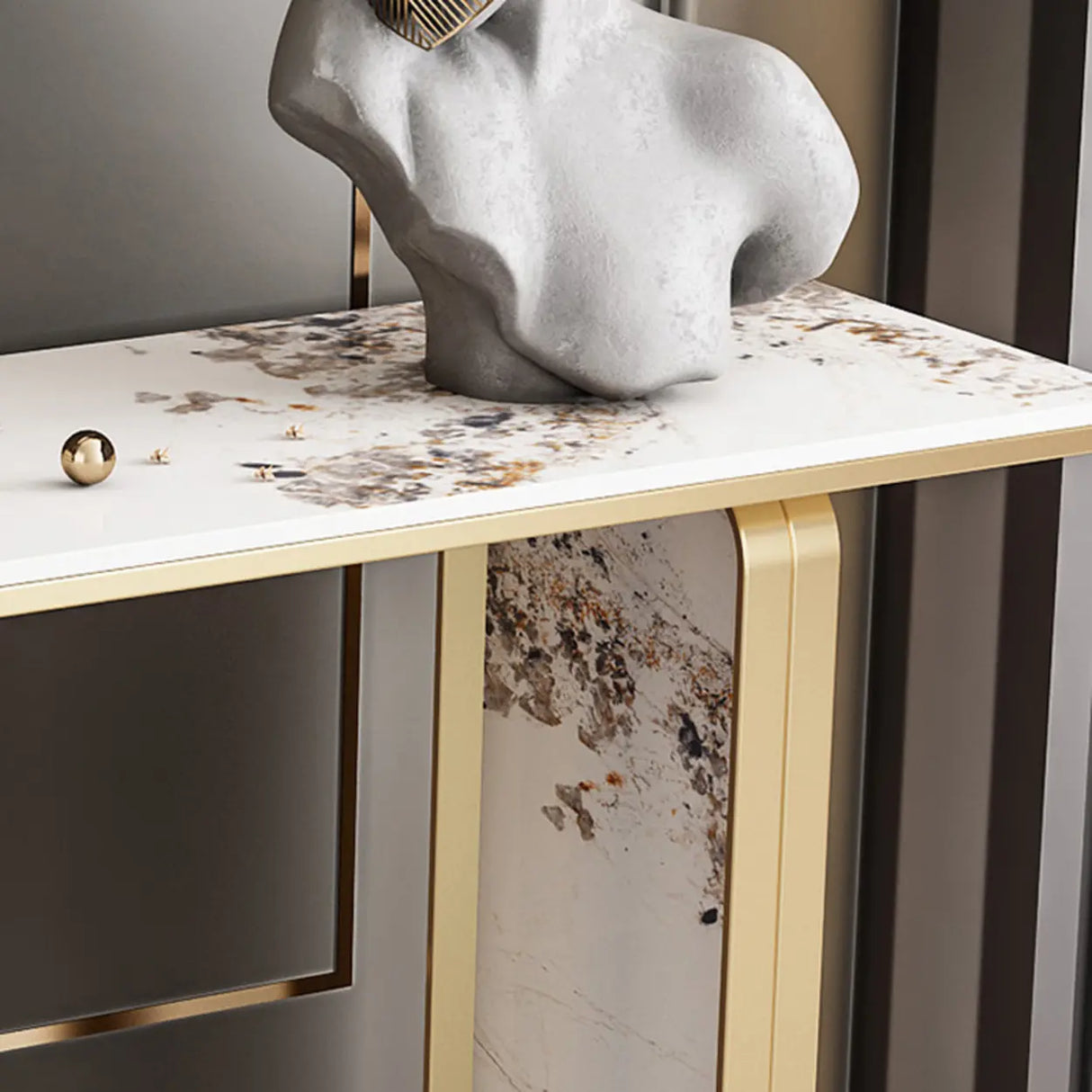 Decorative Geometric Stone Top and Gold Console Table Image - 9