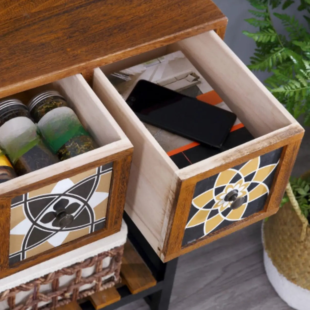 Decorative Geometric Wooden Brown Storage Console Table Image - 10