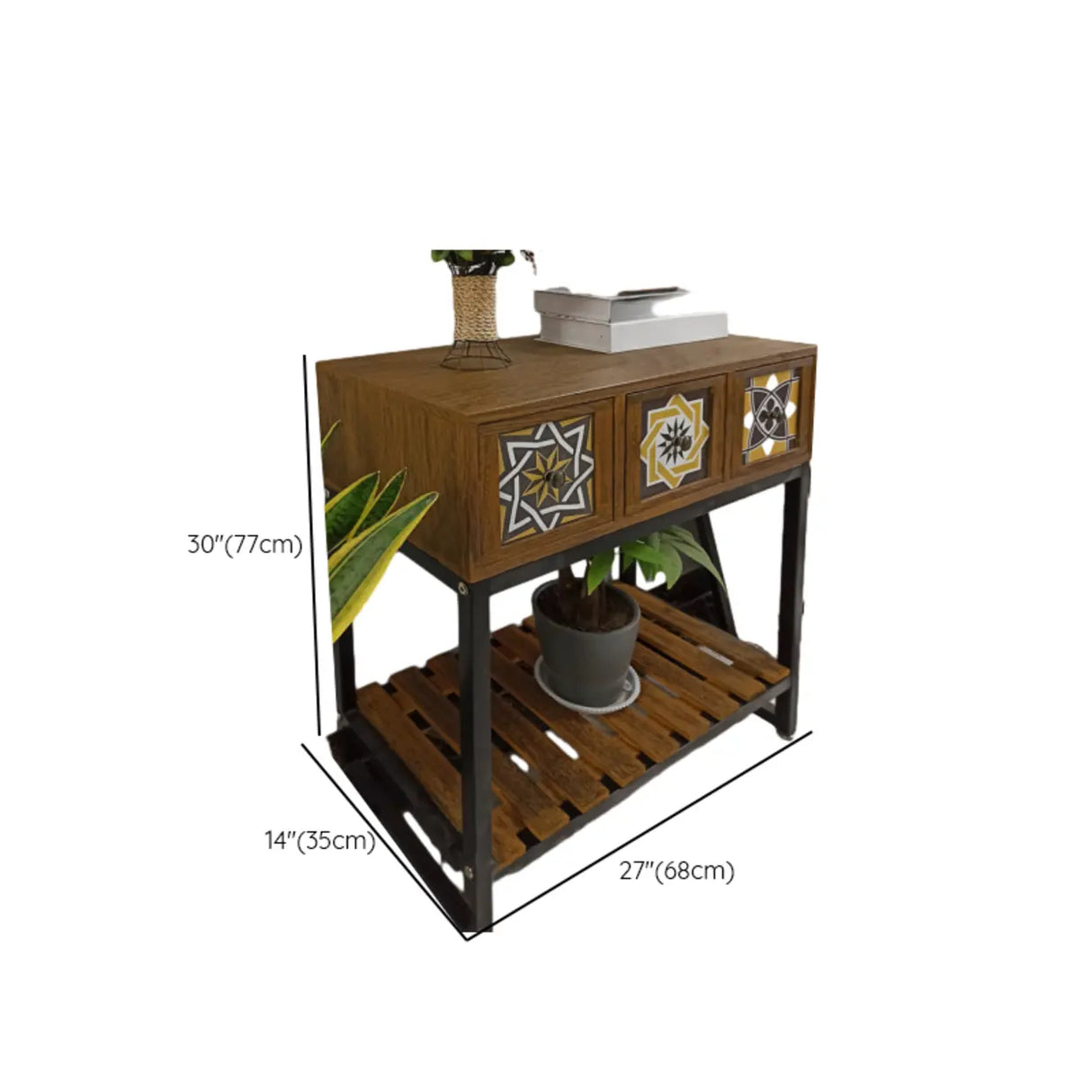 Decorative Geometric Wooden Brown Storage Console Table Image - 14