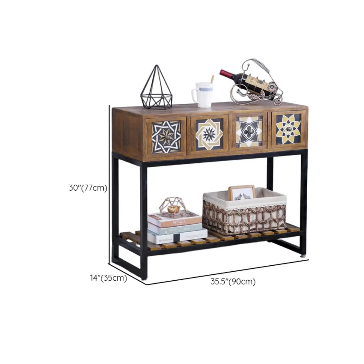 Decorative Geometric Wooden Brown Storage Console Table Image - 15