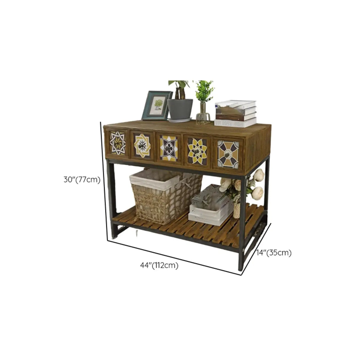 Decorative Geometric Wooden Brown Storage Console Table Image - 16