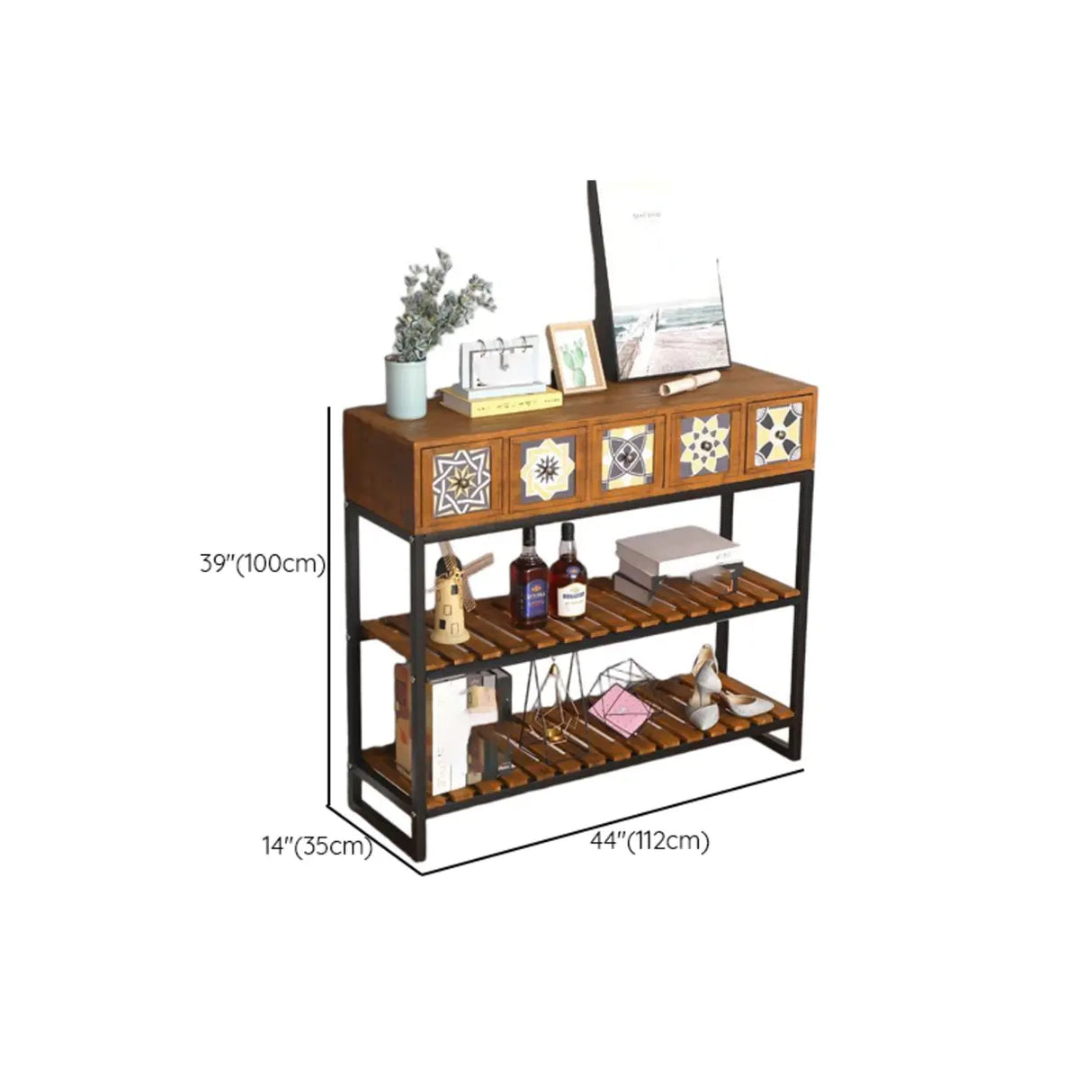 Decorative Geometric Wooden Brown Storage Console Table Image - 17