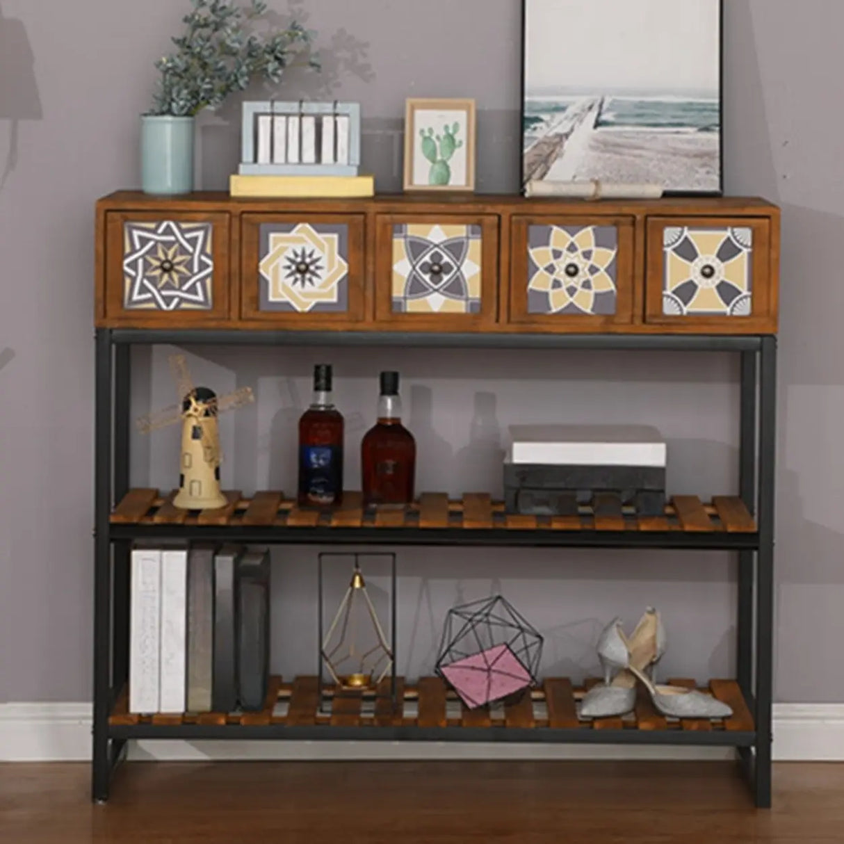 Decorative Geometric Wooden Brown Storage Console Table Image - 1