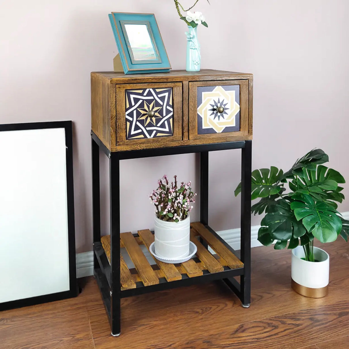 Decorative Geometric Wooden Brown Storage Console Table Image - 2