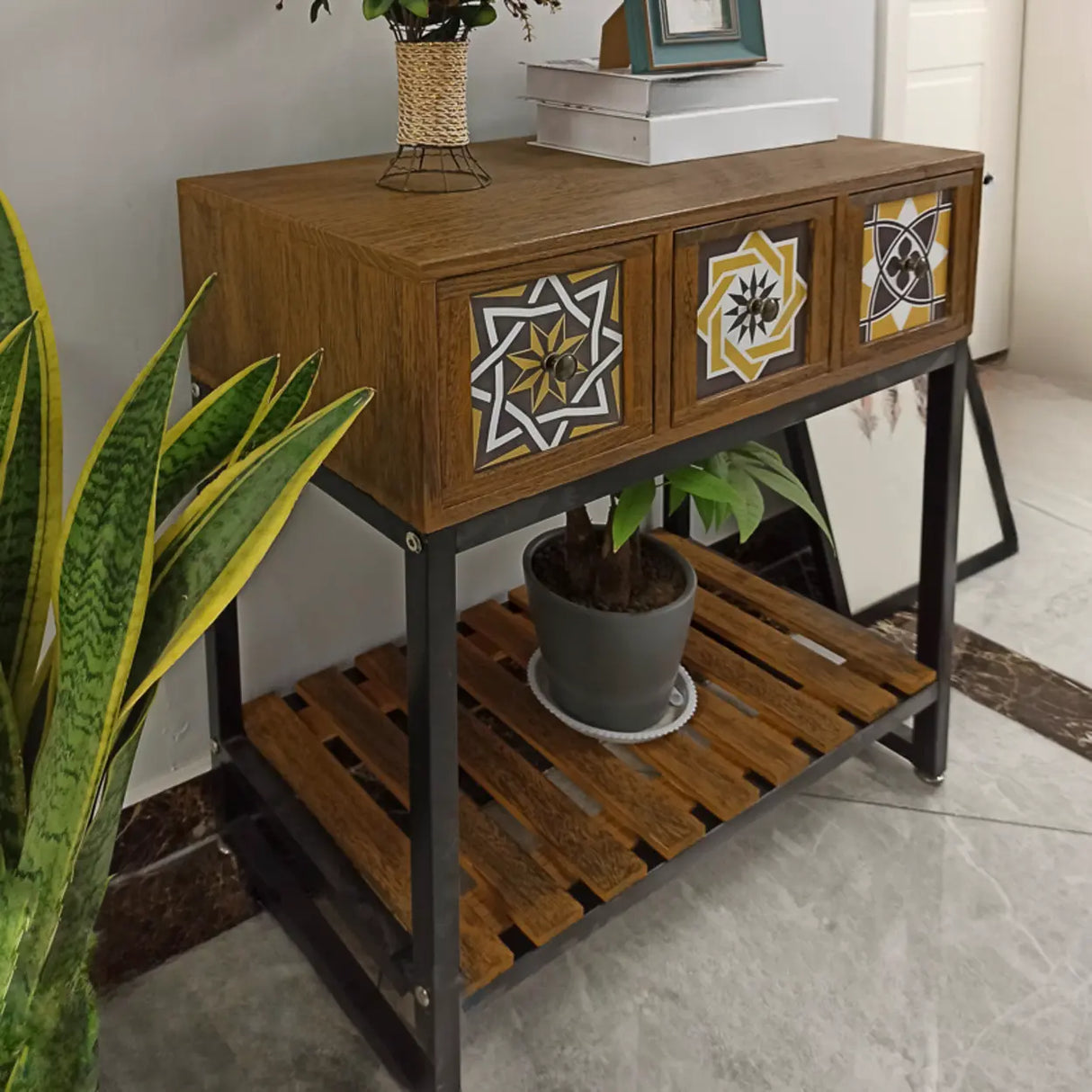 Decorative Geometric Wooden Brown Storage Console Table Image - 3